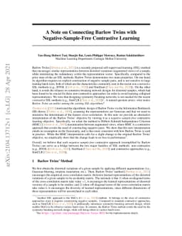 A Note on Connecting Barlow Twins with Negative-Sample-Free Contrastive
  Learning