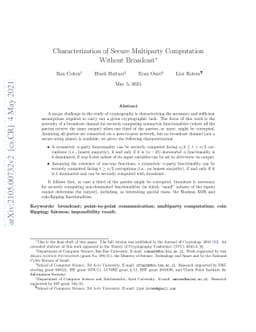 Characterization of Secure Multiparty Computation Without Broadcast