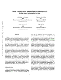 Online Preconditioning of Experimental Inkjet Hardware by Bayesian
  Optimization in Loop