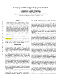 Do language models learn typicality judgments from text?