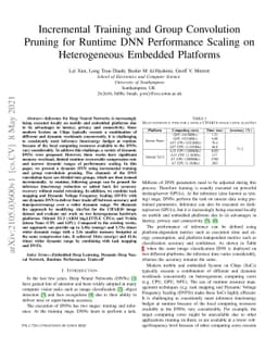 Incremental Training and Group Convolution Pruning for Runtime DNN
  Performance Scaling on Heterogeneous Embedded Platforms