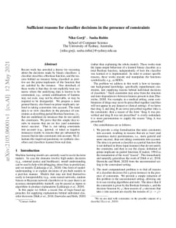 Sufficient reasons for classifier decisions in the presence of
  constraints