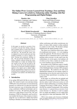 The Online Pivot: Lessons Learned from Teaching a Text and Data Mining
  Course in Lockdown, Enhancing online Teaching with Pair Programming and
  Digital Badges