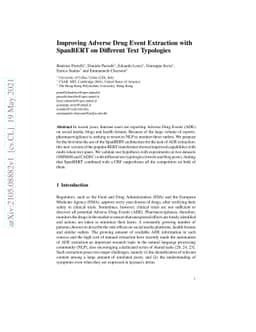 Improving Adverse Drug Event Extraction with SpanBERT on Different Text
  Typologies