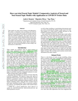Have you tried Neural Topic Models? Comparative Analysis of Neural and
  Non-Neural Topic Models with Application to COVID-19 Twitter Data