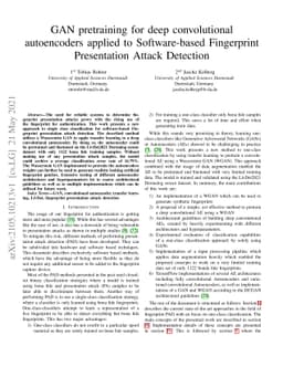 GAN pretraining for deep convolutional autoencoders applied to
  Software-based Fingerprint Presentation Attack Detection