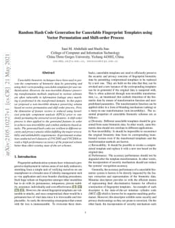 Random Hash Code Generation for Cancelable Fingerprint Templates using
  Vector Permutation and Shift-order Process