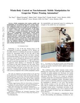 Whole-Body Control on Non-holonomic Mobile Manipulation for Grapevine
  Winter Pruning Automation