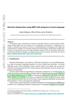 Diacritics Restoration using BERT with Analysis on Czech language