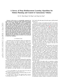 A Survey of Deep Reinforcement Learning Algorithms for Motion Planning
  and Control of Autonomous Vehicles