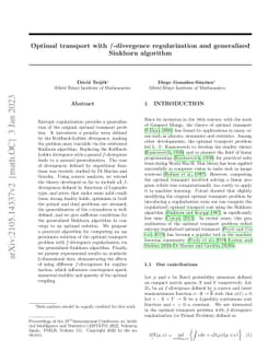 Optimal transport with $f$-divergence regularization and generalized
  Sinkhorn algorithm