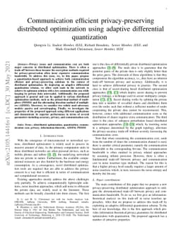 Communication efficient privacy-preserving distributed optimization
  using adaptive differential quantization