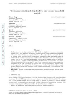 Overparameterization of deep ResNet: zero loss and mean-field analysis