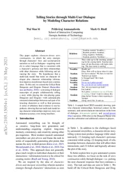 Telling Stories through Multi-User Dialogue by Modeling Character
  Relations
