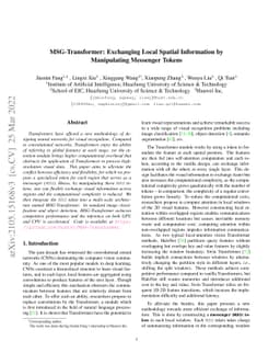 MSG-Transformer: Exchanging Local Spatial Information by Manipulating
  Messenger Tokens