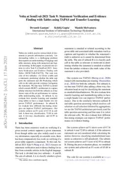 Volta at SemEval-2021 Task 9: Statement Verification and Evidence
  Finding with Tables using TAPAS and Transfer Learning