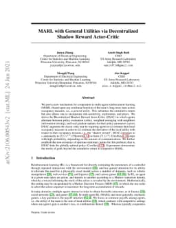 MARL with General Utilities via Decentralized Shadow Reward Actor-Critic