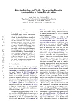Detecting Bot-Generated Text by Characterizing Linguistic Accommodation
  in Human-Bot Interactions