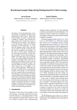 Reordering Examples Helps during Priming-based Few-Shot Learning