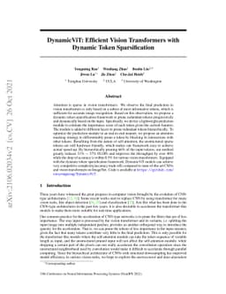 DynamicViT: Efficient Vision Transformers with Dynamic Token
  Sparsification