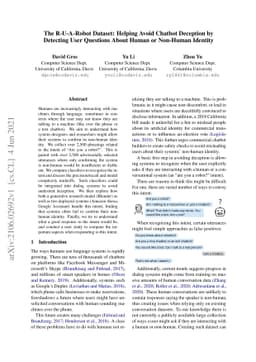 The R-U-A-Robot Dataset: Helping Avoid Chatbot Deception by Detecting
  User Questions About Human or Non-Human Identity