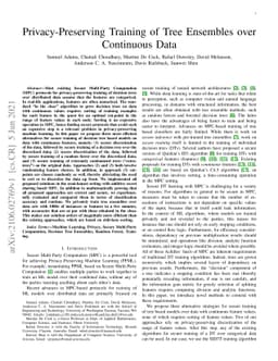 Privacy-Preserving Training of Tree Ensembles over Continuous Data