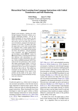 Hierarchical Task Learning from Language Instructions with Unified
  Transformers and Self-Monitoring