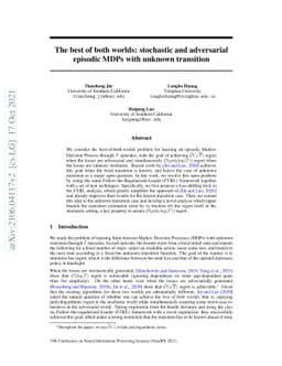 The best of both worlds: stochastic and adversarial episodic MDPs with
  unknown transition