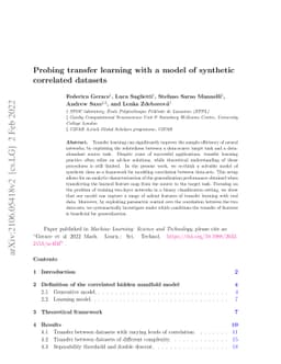 Probing transfer learning with a model of synthetic correlated datasets