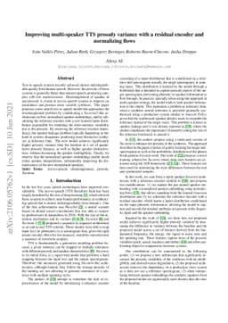 Improving multi-speaker TTS prosody variance with a residual encoder and
  normalizing flows