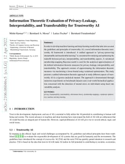 Information Theoretic Evaluation of Privacy-Leakage, Interpretability,
  and Transferability for Trustworthy AI