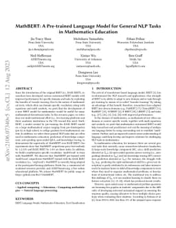 MathBERT: A Pre-trained Language Model for General NLP Tasks in
  Mathematics Education
