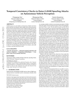 Temporal Consistency Checks to Detect LiDAR Spoofing Attacks on
  Autonomous Vehicle Perception