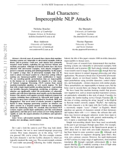 Bad Characters: Imperceptible NLP Attacks