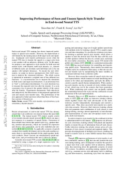 Improving Performance of Seen and Unseen Speech Style Transfer in
  End-to-end Neural TTS