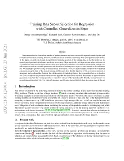 Training Data Subset Selection for Regression with Controlled
  Generalization Error