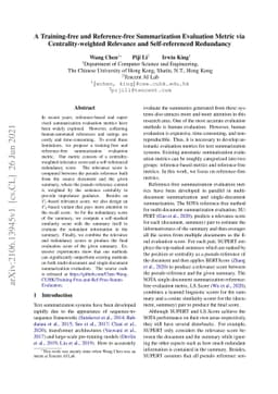 A Training-free and Reference-free Summarization Evaluation Metric via
  Centrality-weighted Relevance and Self-referenced Redundancy