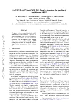 AMU-EURANOVA at CASE 2021 Task 1: Assessing the stability of
  multilingual BERT