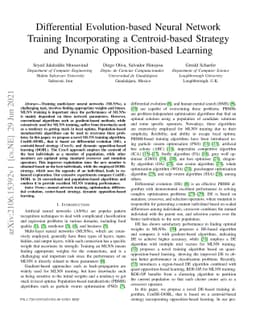 Differential Evolution-based Neural Network Training Incorporating a
  Centroid-based Strategy and Dynamic Opposition-based Learning