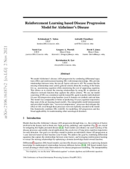 Reinforcement Learning based Disease Progression Model for Alzheimer's
  Disease