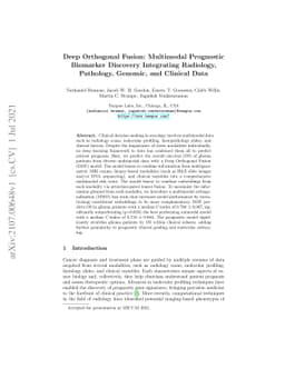 Deep Orthogonal Fusion: Multimodal Prognostic Biomarker Discovery
  Integrating Radiology, Pathology, Genomic, and Clinical Data