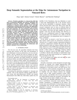 Deep Semantic Segmentation at the Edge for Autonomous Navigation in
  Vineyard Rows