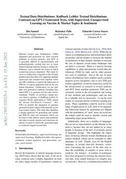 Textual Data Distributions: Kullback Leibler Textual Distributions
  Contrasts on GPT-2 Generated Texts, with Supervised, Unsupervised Learning on
  Vaccine & Market Topics & Sentiment