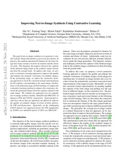 Improving Text-to-Image Synthesis Using Contrastive Learning