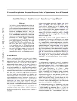 Extreme Precipitation Seasonal Forecast Using a Transformer Neural
  Network