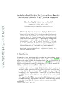 An Educational System for Personalized Teacher Recommendation in K-12
  Online Classrooms