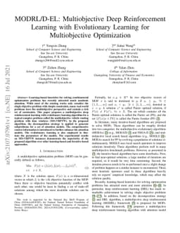 MODRL/D-EL: Multiobjective Deep Reinforcement Learning with Evolutionary
  Learning for Multiobjective Optimization