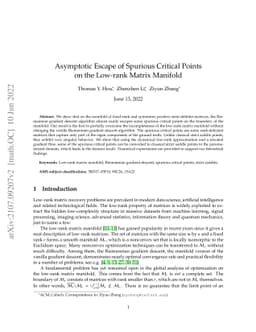 Asymptotic Escape of Spurious Critical Points on the Low-rank Matrix
  Manifold