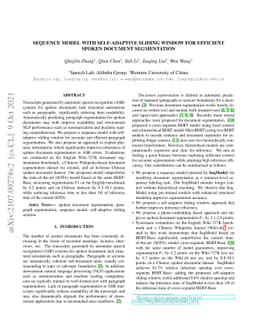 Sequence Model with Self-Adaptive Sliding Window for Efficient Spoken
  Document Segmentation