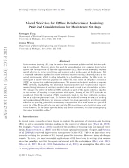 Model Selection for Offline Reinforcement Learning: Practical
  Considerations for Healthcare Settings